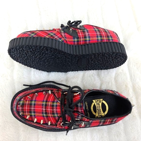 Demonia Red Plaid Platform Creeper w/ Cone Spikes - Picture 9 of 10